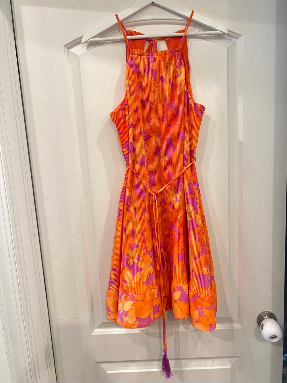 Taylor Orange Pink Floral Plissé Halter Fit & Flare Dress Tie Waist